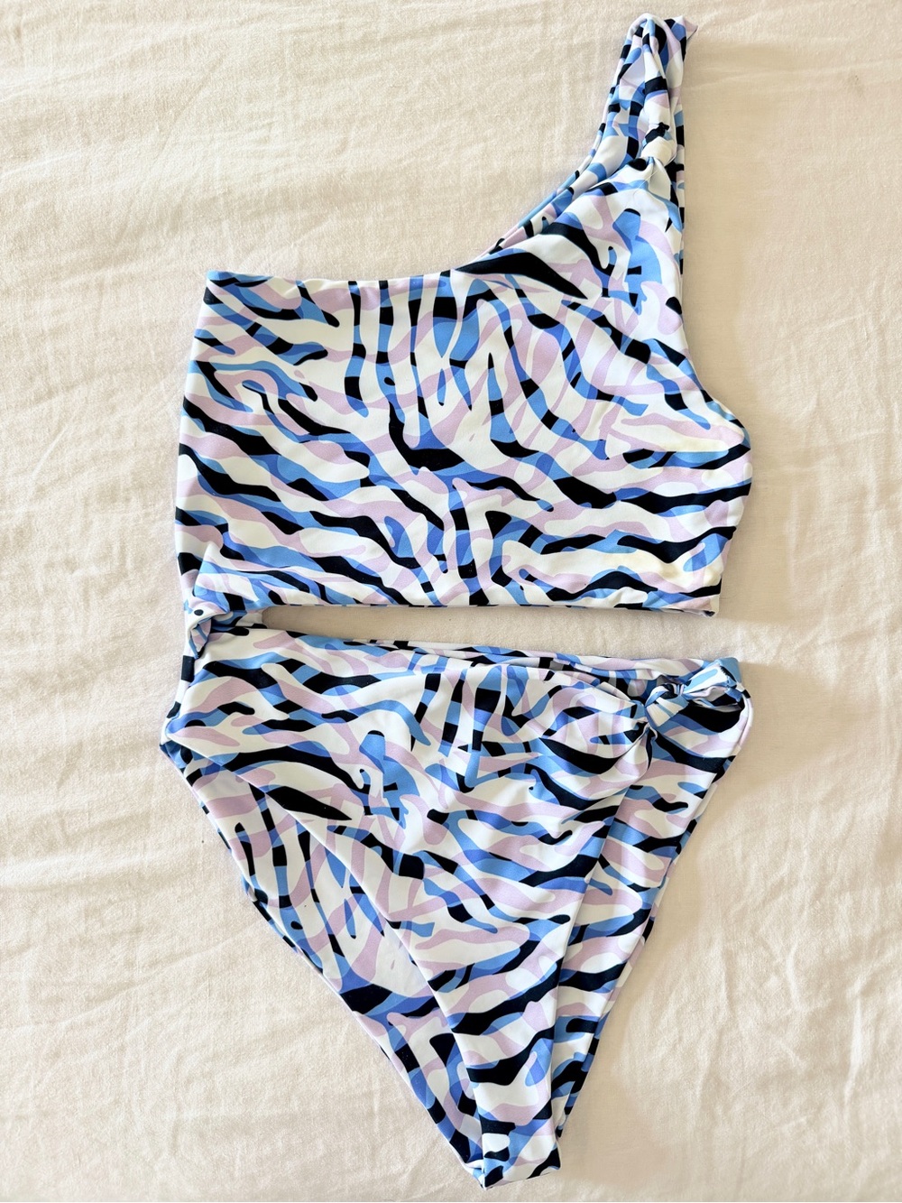 Skatie One-Shoulder Wave Print One-Piece Swim in Blue, Lavender, & White - Picture 3 of 3